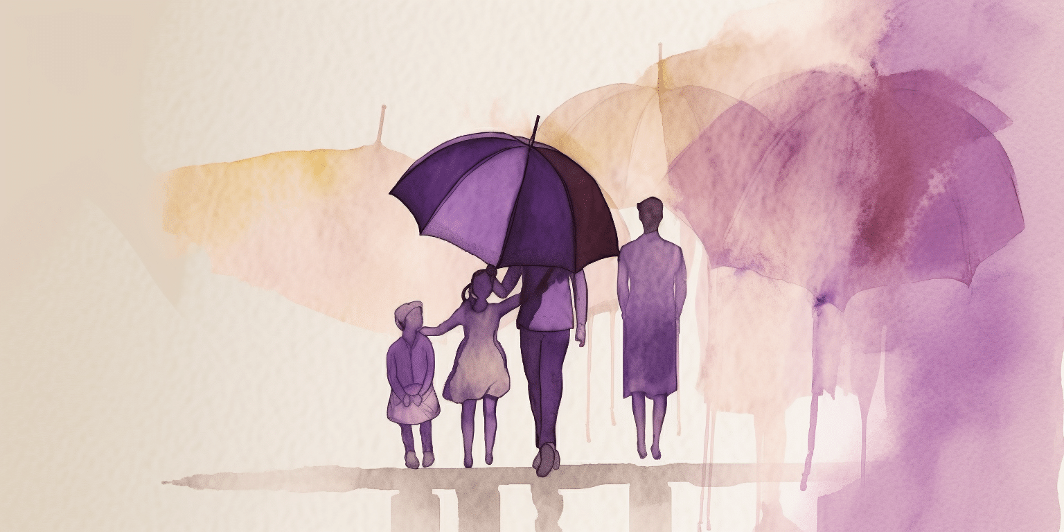 Père qui protège sa famille avec un parapluie