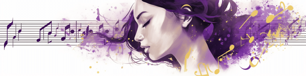 Visage féminin devant des notes de musique