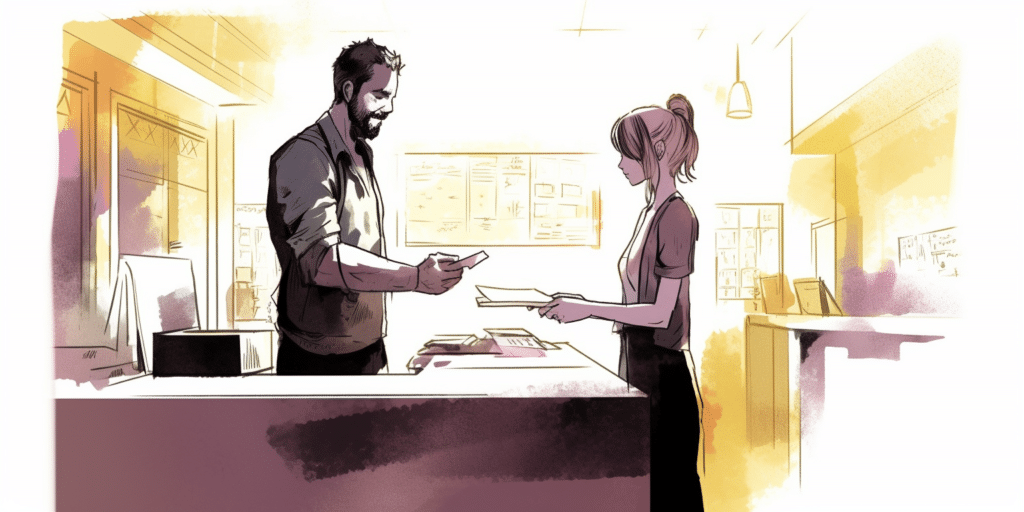 Employé de mairie qui donne un certificat d'hérédité à sa cliente