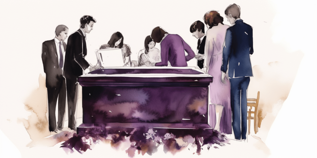 Famille autour d'un cercueil avant crémation