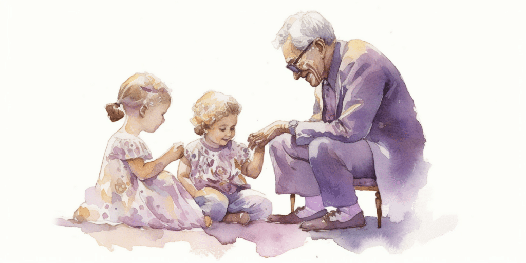Grand-père qui fait une donation à ses petits-enfants